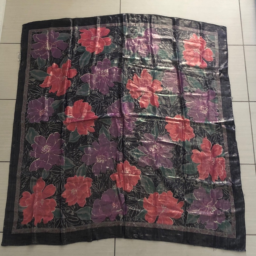 Oscar de la Renta Floral Print Black Silk Scarf with Red and Purple Flowers